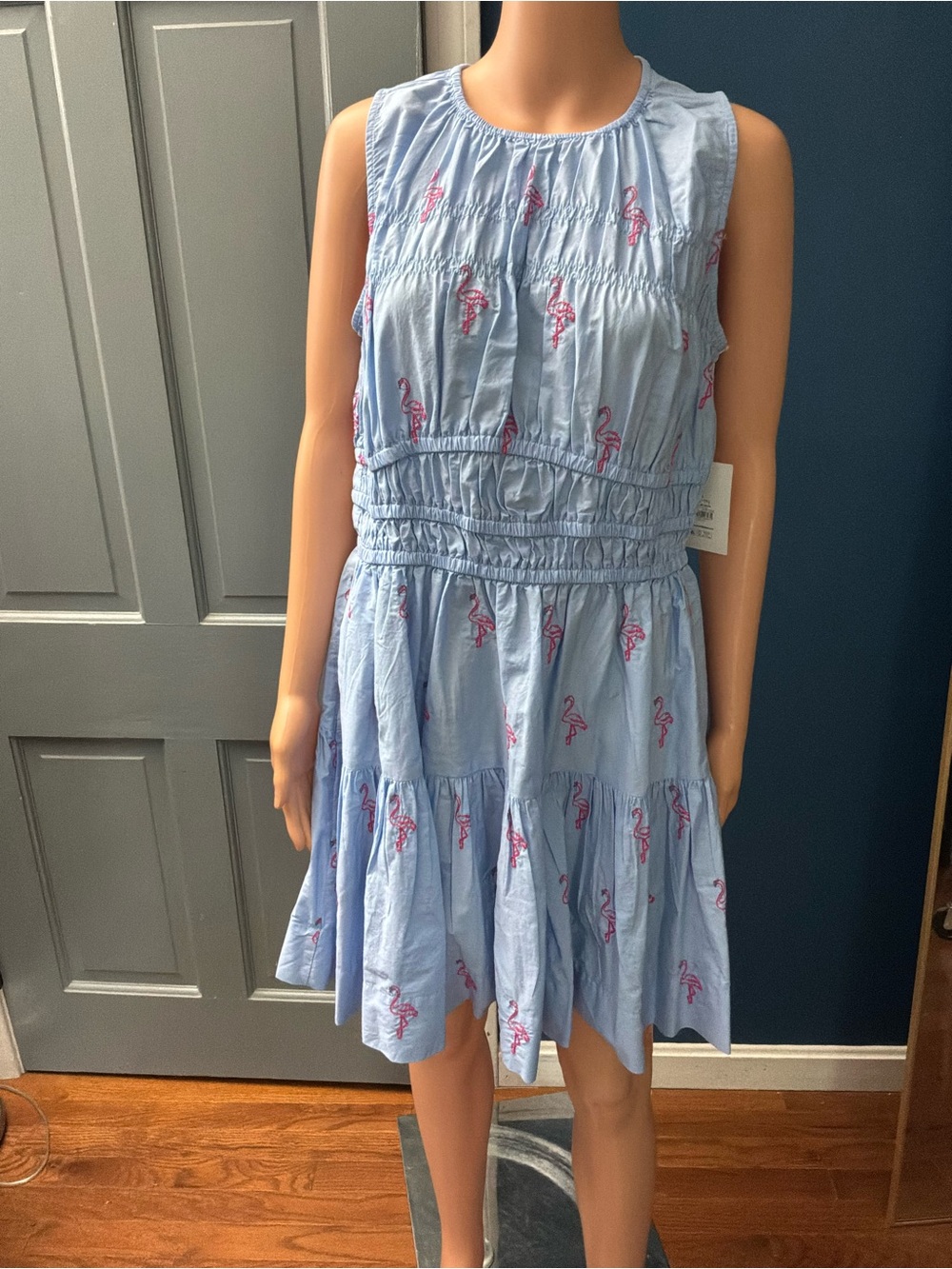 Sky Blue Sleeveless Dress with Pink Flamingo Print